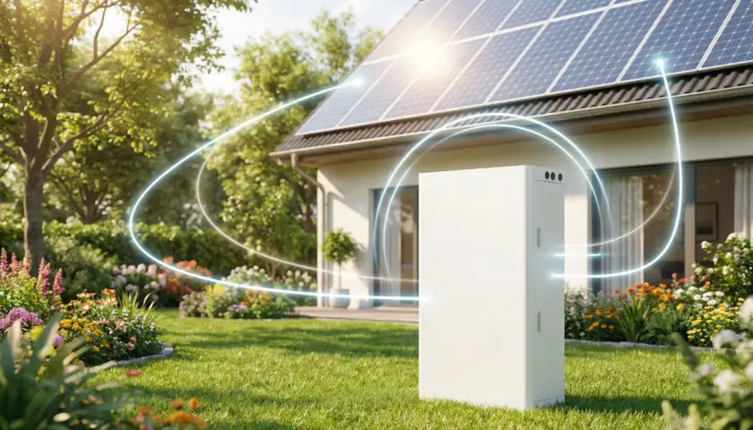 Nowoczesny dom z panelami słonecznymi i magazynowanie energii elektrycznej w białym urządzeniu w ogrodzie.