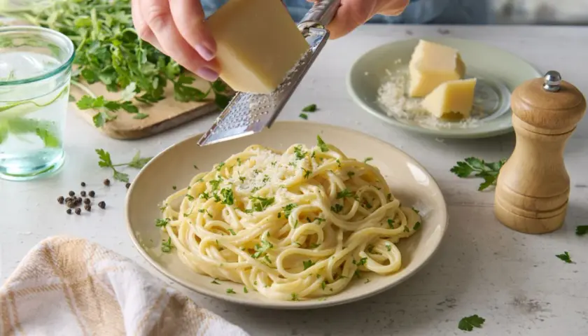 Kremowy makaron z grana padano, posypany świeżą natką pietruszki. Idealny na szybki obiad.
