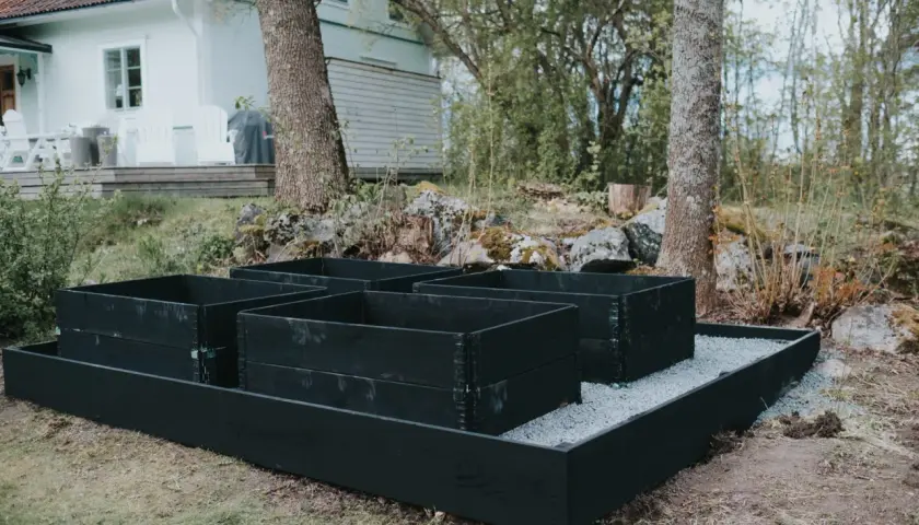 Nymålade pallkragar i svart står redo för plantering i trädgården, med ett vitt hus i bakgrunden.