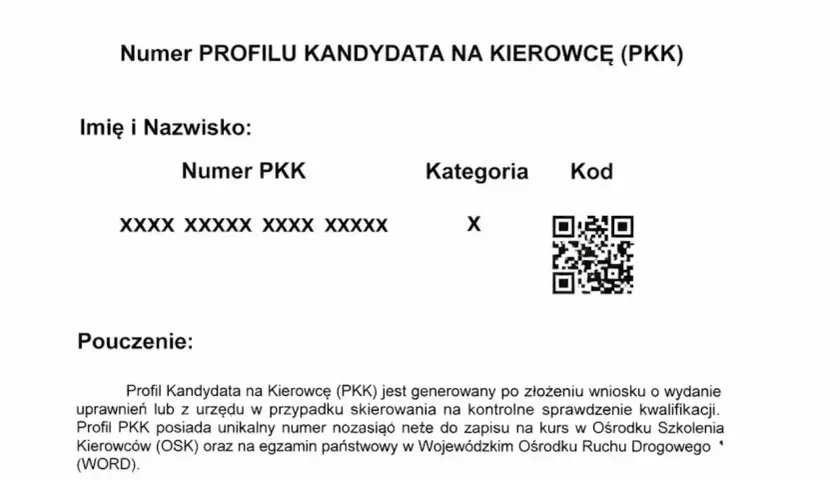 Numer PROFILU KANDYDATA NA KIEROWCĘ (PKK) z numerem i kategorią. Dokument zawiera pouczenie o PKK.