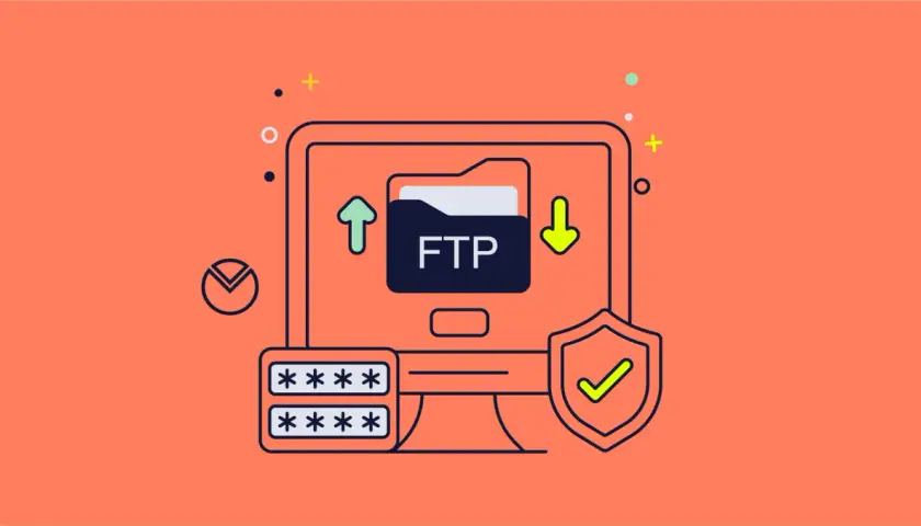 Icono de un ordenador mostrando una carpeta con "FTP", flechas de subida y bajada, un escudo de seguridad y campos de contraseña.