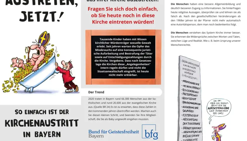 Karikatur zeigt einen Bischof in einer Badewanne voller Goldmünzen, der von einem Mann mit einem roten Mantel geschoben wird. Der Text thematisiert kirchenaustritte katholische kirche.