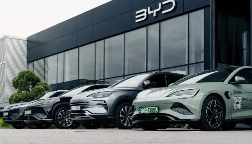 Rząd nowoczesnych samochodów BYD zaparkowany przed salonem. Wśród nich zielony model z napisem "Jazda testowa".