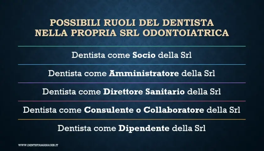 Ruoli del dentista in una SRL odontoiatrica: socio, amministratore, direttore sanitario (con relativo stipendio), consulente o dipendente.
