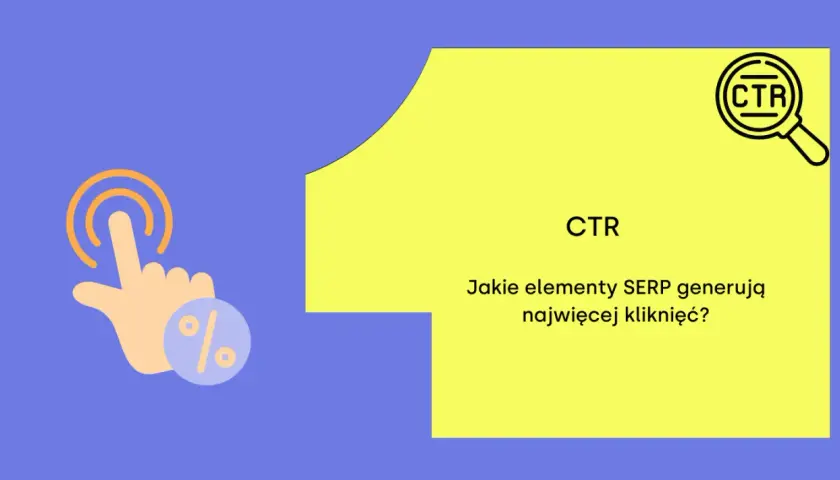Grafika z ikoną kliknięcia i tekstem "CTR. Jakie elementy SERP generują najwięcej kliknięć?".