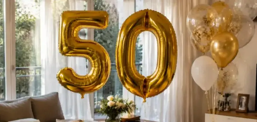 Globos dorados con el número 50, listos para celebrar. ¡Perfectos para encontrar frases divertidas para felicitar 50 cumpleaños!