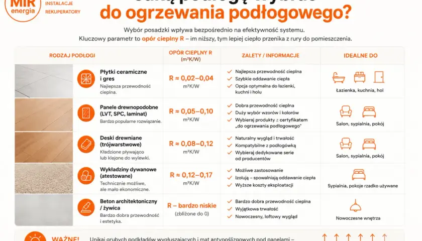 Porównanie podłóg do ogrzewania podłogowego: płytki, panele, deski, wykładziny, beton. Kluczowy jest opór cieplny R.