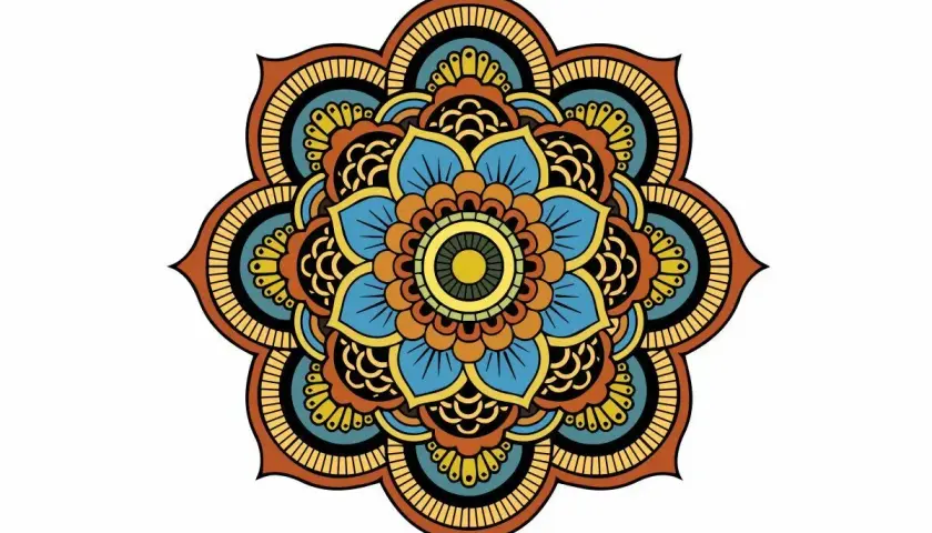 Kolorowa mandala z niebieskimi, pomarańczowymi i żółtymi płatkami, przypominająca kwiat lub słońce.