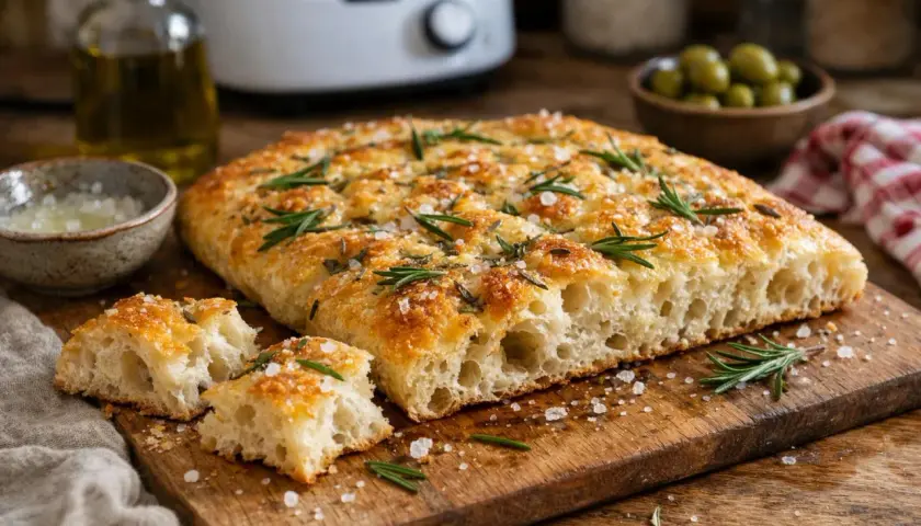 Une focaccia dorée, garnie de romarin frais et de gros sel, prête à être dégustée. Une recette simple pour un pain savoureux.