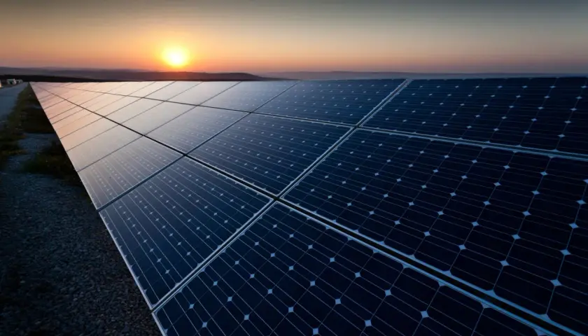 Panele fotowoltaiczne w zachodzącym słońcu. Czy panele fotowoltaiczne działają w nocy? Nie, potrzebują światła słonecznego do produkcji energii.