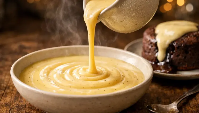Une sauce crémeuse et fumante, une crème anglaise, est versée dans un bol. Un petit gâteau au chocolat dégouline de cette sauce.