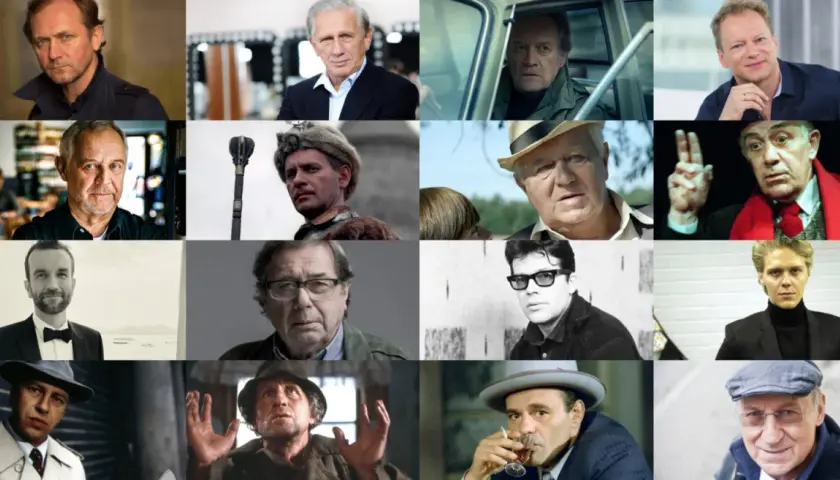 Kolaż portretów znanych polskich aktorów. Wśród nich m.in. Daniel Olbrychski, Jerzy Stuhr, Janusz Gajos.