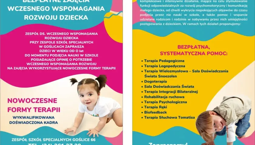 Dwoje dzieci, jedno raczkujące, drugie bawiące się na podłodze, na tle kolorowych plakatów o terapii.