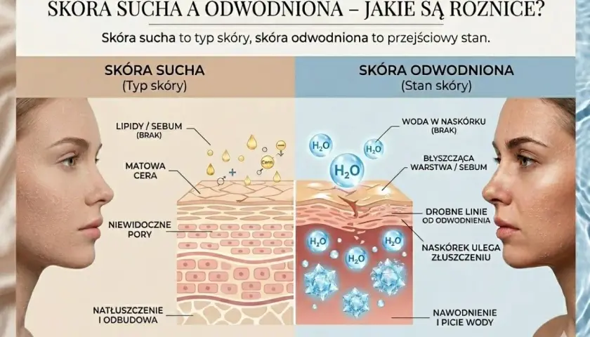 Porównanie skóry suchej i odwodnionej. Ilustracja pokazuje różnice w budowie skóry, podkreślając znaczenie nawodnienia.