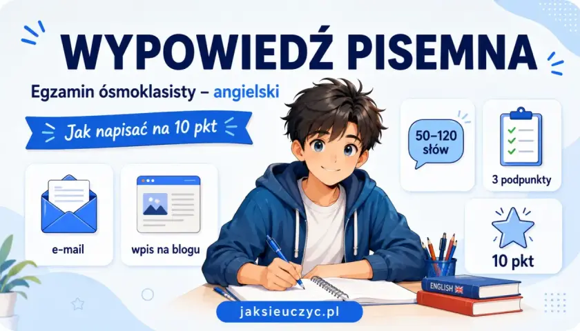 Chłopiec pisze wypracowanie po angielsku na egzamin ósmoklasisty. Poradnik pokazuje, jak zdobyć 10 punktów za e-mail lub wpis na blogu.