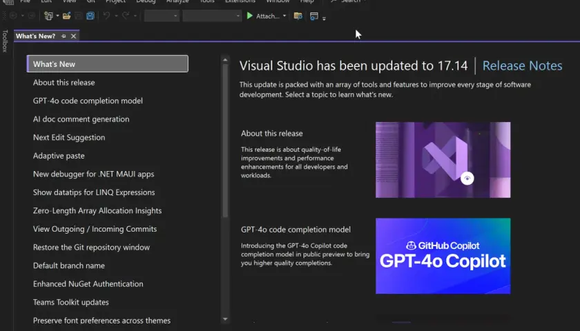 Visual Studio 2022: Update 17.14 mit GPT-4o Copilot für bessere Code-Vervollständigung.