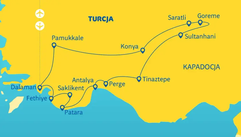 Mapa pokazuje trasę wycieczki objazdowej po Turcji, obejmującą Pamukkale, Konyę, Kapadocję (Göreme, Saratli, Sultanhanı) oraz wybrzeże z Dalamanem, Fethiye, Patarą, Saklikent, Antalyą i Perge.