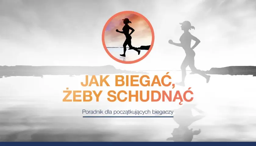 Sylwetki biegaczy na tle krajobrazu. Tekst: "Jak biegać, żeby schudnąć". Poradnik dla początkujących. Ile cardio na redukcji?