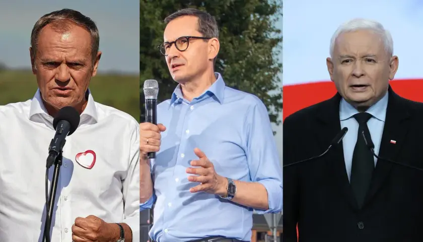 Trzech polityków: Donald Tusk, Mateusz Morawiecki i Jarosław Kaczyński. Choć nie widać tego na zdjęciu, ile wzrostu ma Donald Tusk, to jego postawa jest pewna.