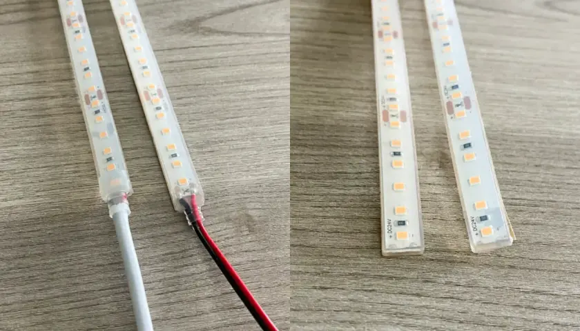 Dwie taśmy LED z widocznymi połączeniami i przewodami, jedna z białym kablem, druga z czerwonym i czarnym.
