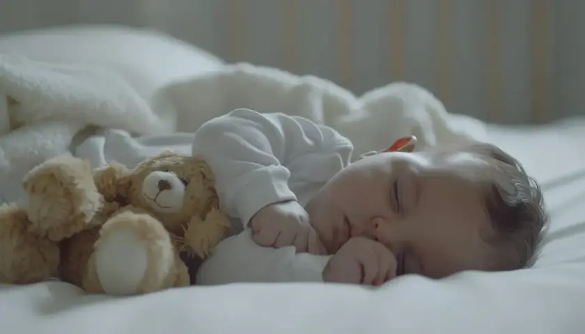 Śpiący noworodek z misiem. Czasem kolki u noworodka a kupka są powiązane, ale teraz maluch odpoczywa.