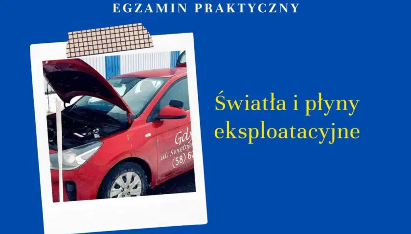 Czerwone Kia Rio z otwartą maską. Na drzwiach widnieje napis "Gdynia ul. Świętojańska (58) 6...". Obok tekst "Światła i płyny eksploatacyjne". Ile jest świateł pozycyjnych w Kia Rio?
