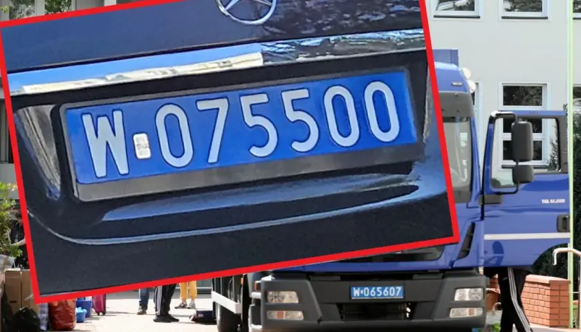 Niebieskie tablice rejestracyjne z numerem W-075500 na samochodzie i W-065607 na ciężarówce.
