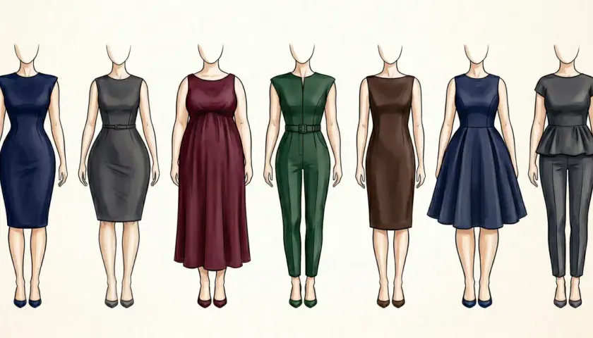 Sept silhouettes buste femme en tenues professionnelles variées : robes, tailleur pantalon, combinaison.