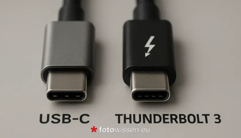 Zwei USB-C-Kabel, eines mit Blitzsymbol (Thunderbolt 3) für schnelle externe Festplatte anschluss, daneben ein Standard-USB-C-Kabel.