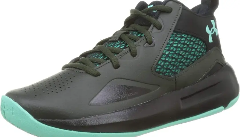 Buty Under Armour Lockdown 5 w kolorze ciemnozielonym z turkusowymi akcentami.