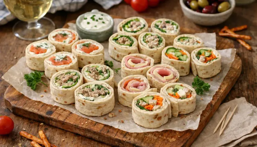 Un assortiment coloré de wrap apéro, garni de saumon, viande hachée, jambon et crudités, prêt à régaler.