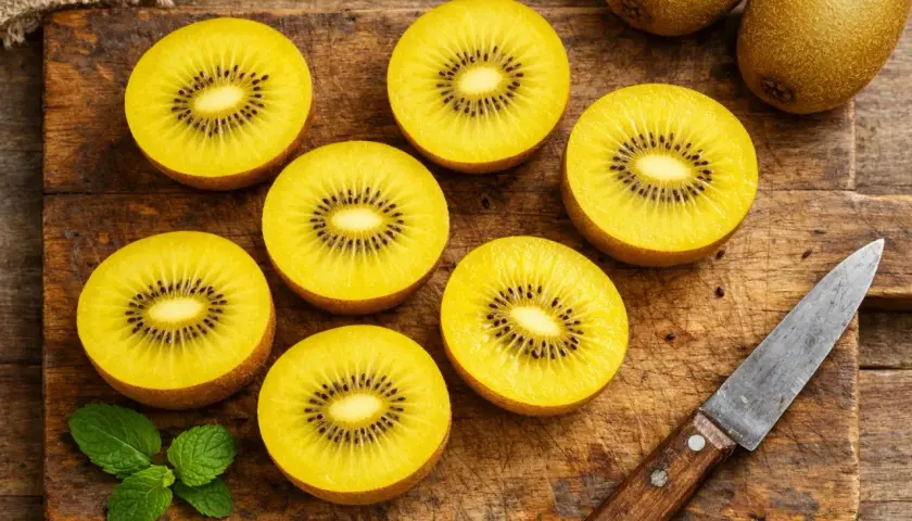 Goldene Kiwis, aufgeschnitten auf einem Holzbrett, zeigen ihr leuchtendes Fruchtfleisch und die schwarzen Kerne. Ein Messer und Minzblätter liegen daneben. Kiwi gesund und lecker!