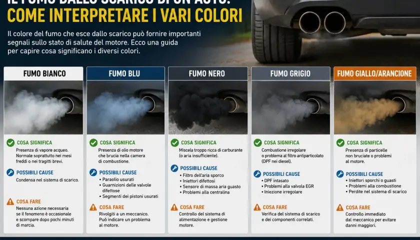 Guida ai colori del fumo dallo scarico: bianco (vapore), blu (olio), nero (carburante), grigio (combustione irregolare), giallo/arancione (particelle). Il gas di scarico rivela la salute del motore.