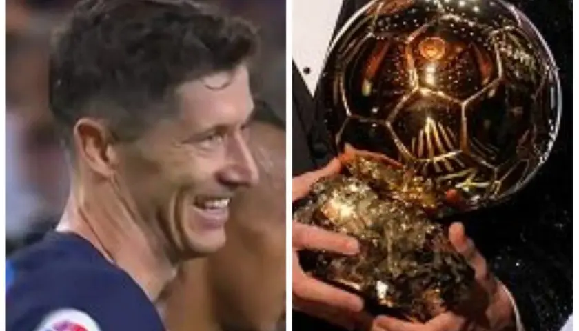Uśmiechnięty Robert Lewandowski z dumą prezentuje Złotą Piłkę, symbol swojego piłkarskiego triumfu.