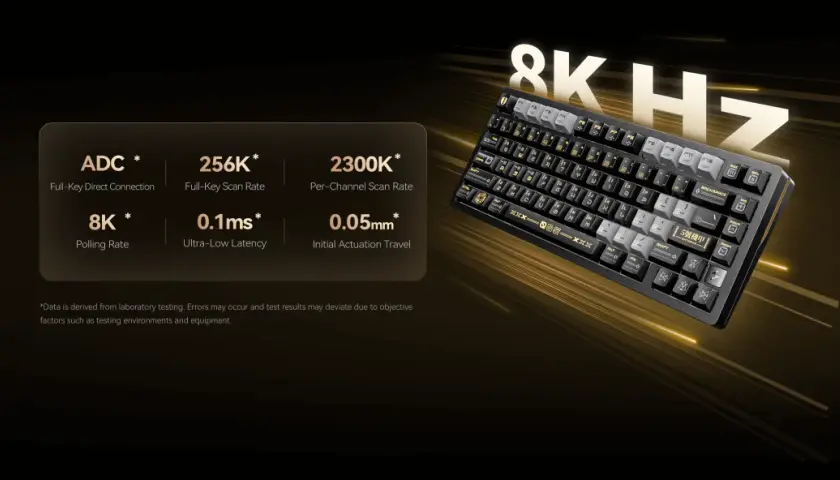 Gaming-Tastatur mit 8KHz Polling Rate, ADC und 0,1ms Latenz. Ein flash converter für schnelle Reaktionen.