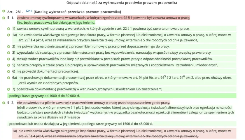 Fragment tekstu prawnego dotyczący odpowiedzialności za wykroczenia przeciwko prawom pracownika.