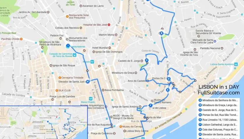 Map showing a walking route for what to do in Lisbon for a day, hitting key landmarks like São Jorge Castle and viewpoints.
