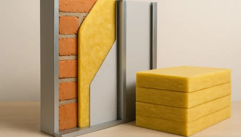 Sección de muro con ladrillos, aislamiento de fibra de vidrio amarillo y panel gris. Bloques de fibra de vidrio apilados al lado.