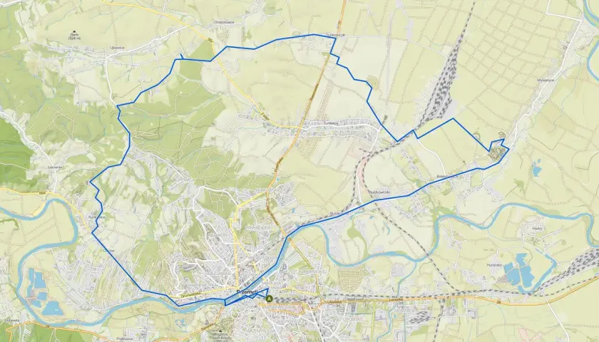 Mapa z zaznaczoną pętlą tras rowerowych Podkarpacie, prowadzącą przez malownicze tereny wokół Przemyśla.
