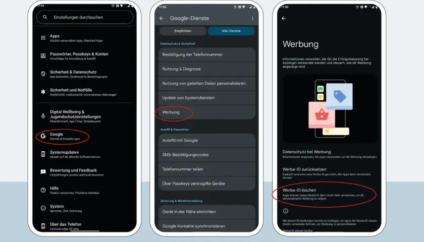 Android-Einstellungen: Google-Dienste > Werbung. Hier kannst du deine Werbe-ID löschen, um personalisierte Werbung auszuschalten.
