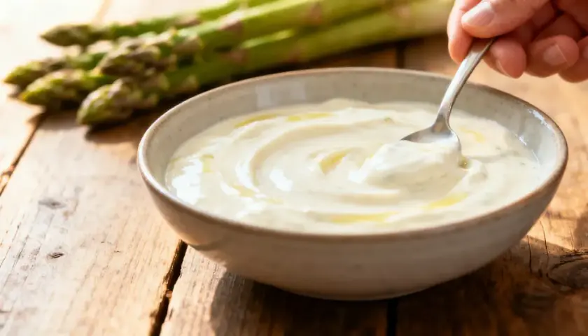 Un bol de sauce hollandaise légère, onctueuse et dorée, avec des asperges vertes floues en arrière-plan sur une table en bois.