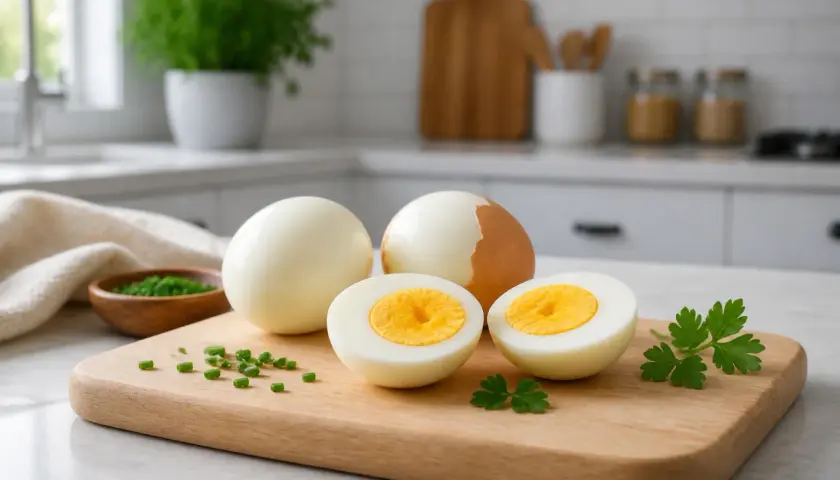 Œufs durs parfaits, un entier et deux coupés en deux, sur une planche en bois avec de la ciboulette.