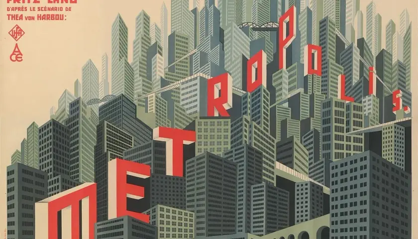 Poster di Metropolis, un film di Fritz Lang. La città futuristica è rappresentata con grattacieli imponenti, un esempio di diversi tipi di film in inglese.