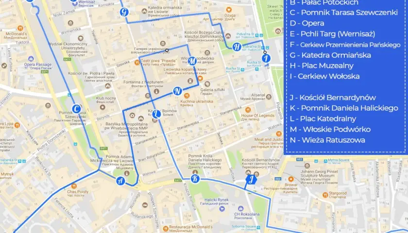 Mapa Lwowa z zaznaczoną trasą turystyczną, obejmującą atrakcje takie jak Opera Lwowska, Plac Potockich, Katedra Ormiańska i Wieża Ratuszowa.