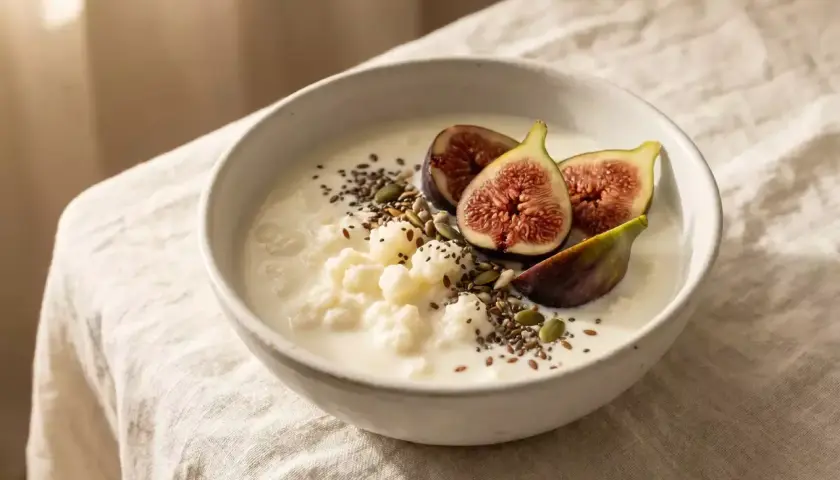 Un tazón de kéfir cremoso con higos frescos y semillas. ¡Una delicia que algunos creen que el kéfir engorda!
