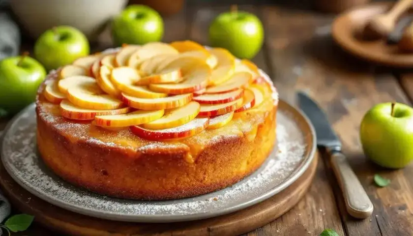 Un délicieux moelleux aux pommes, garni de fines tranches de pommes fraîches, saupoudré de sucre glace. Des pommes vertes entières et une petite feuille de menthe complètent cette scène gourmande.