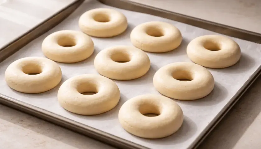 Nueve donuts caseros crudos en una bandeja para hornear, listos para ser horneados y decorados.