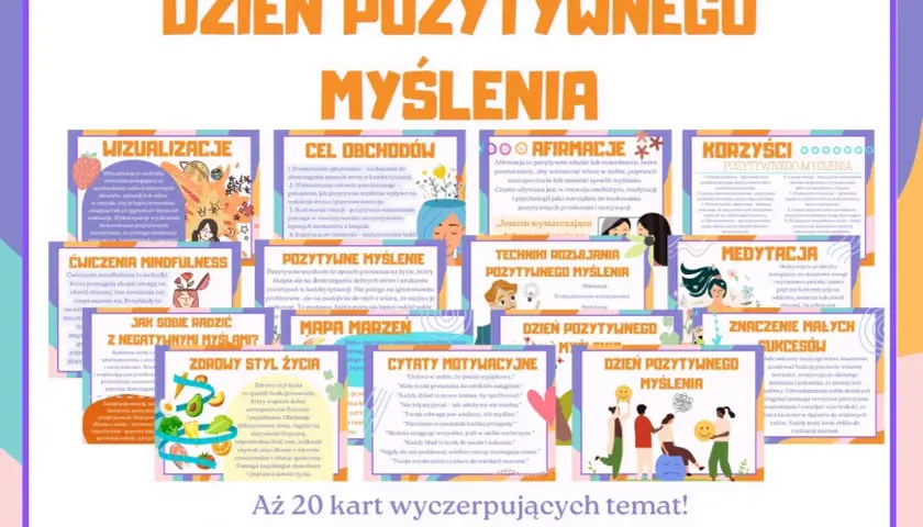 Dzień pozytywnego myślenia: wizualizacje, afirmacje, medytacja i korzyści. Karty PDF do druku.