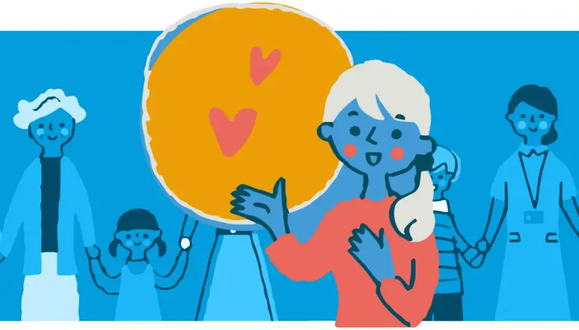 Un gruppo di persone sorridenti, con un grande cerchio giallo e cuori al centro, simboleggia il percorso per uscire dalla depressione con il supporto della comunità.