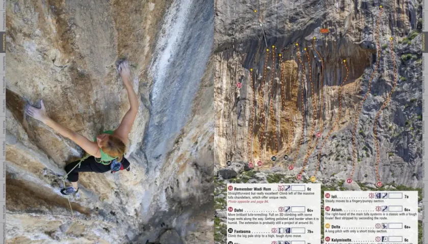 Wspinanie na Kalymnos: Clare Aspinall na drodze Remember Wadi Rum (6c) w Ghost Kitchen. Spektakularne tufa wspinanie.